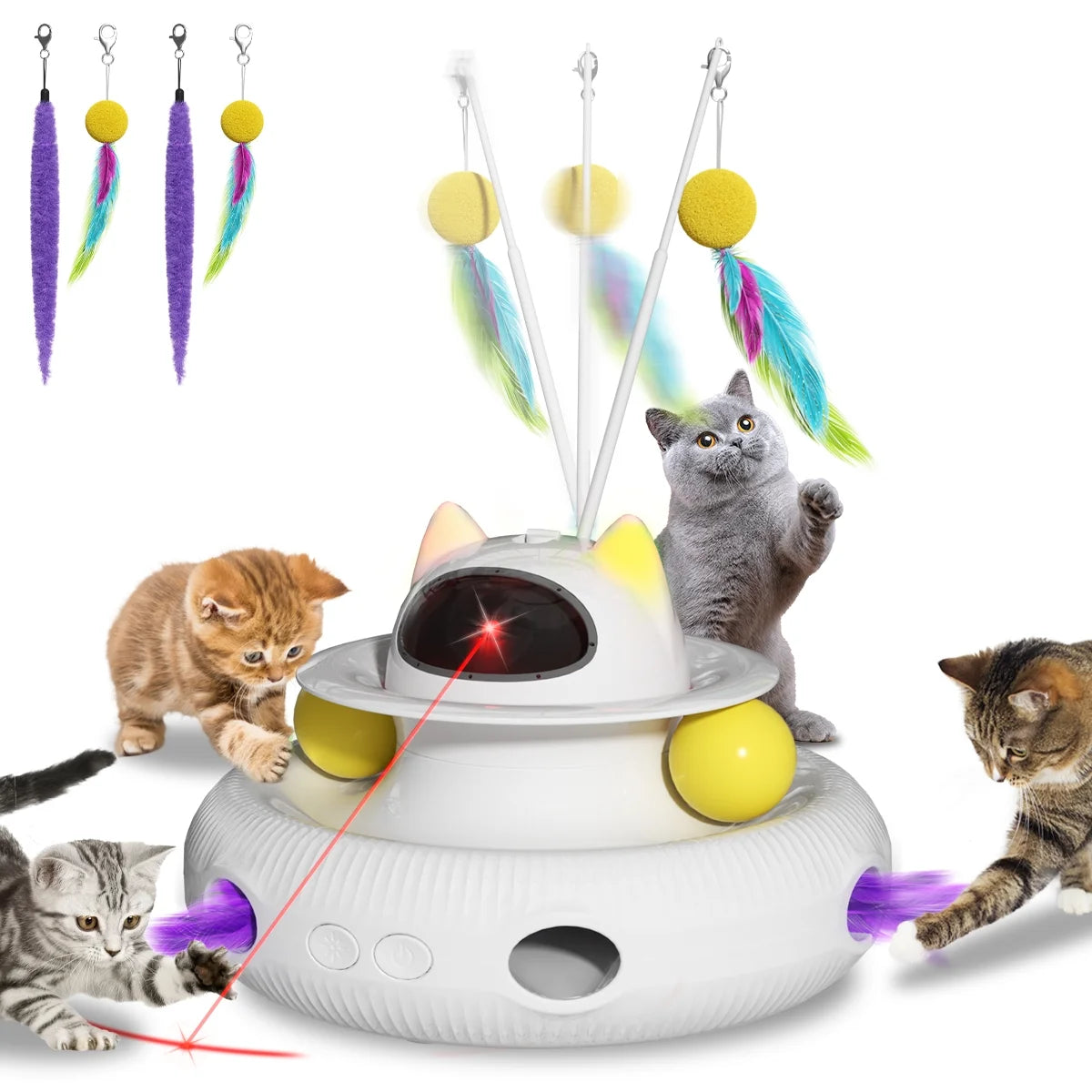 Unleash the Fun with 4-in-1 Interactive Cat Toys! 🐾🚀 Rechargeable Laser, 360° Rotation, and Exciting Track Balls for Endless Indoor Playtime! 🌟✨