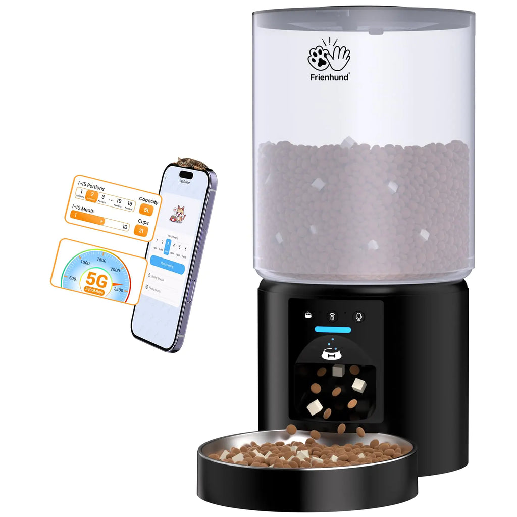 Frienhund Automatic Cat Feeder with Sealed Outlet: 5G WiFi Automatic Dog Feeder with 5L Large Cat Food Storage Container Timed Cat Food Dispenser for Multiple Pets Detachable for Easy Clean - 21 Cup