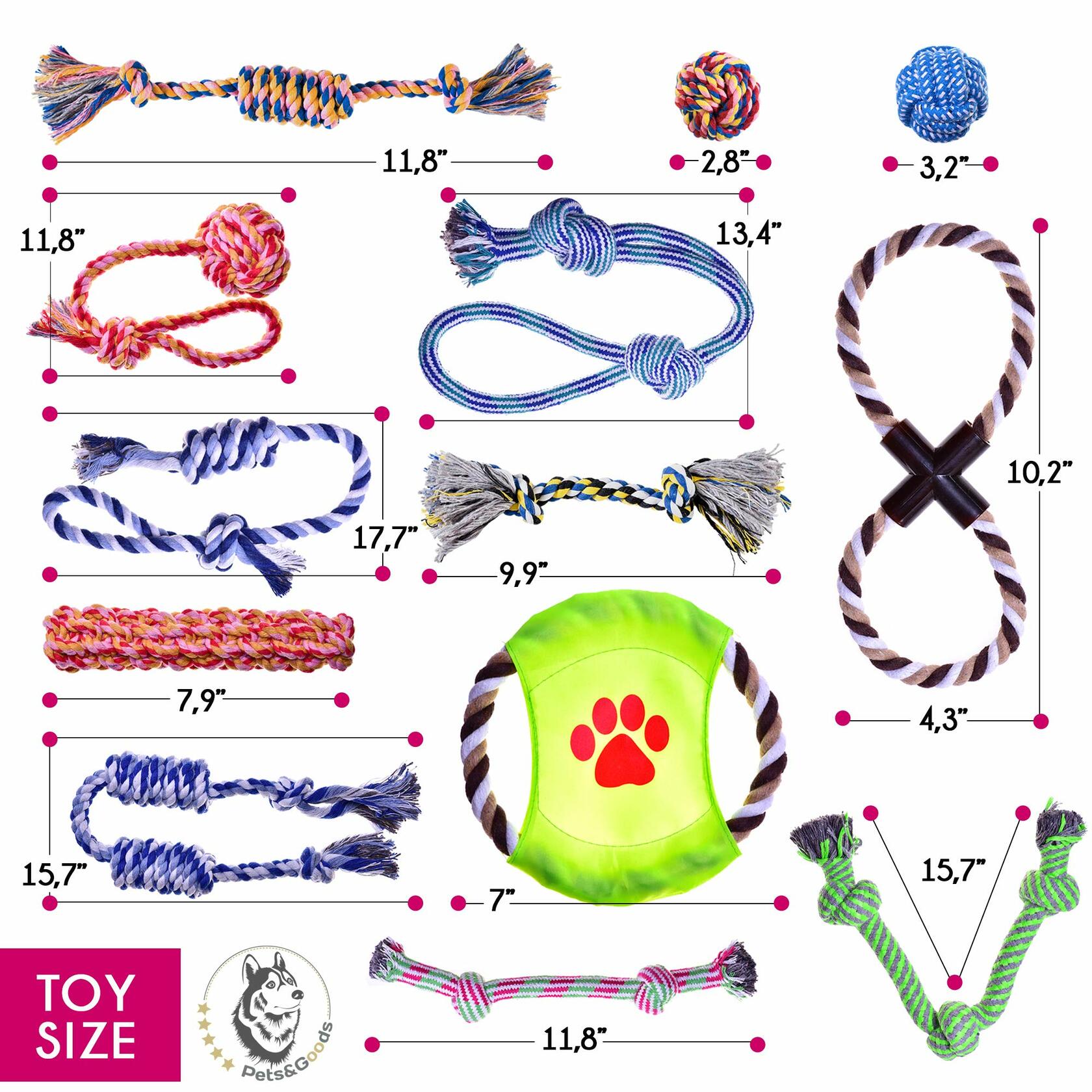 Pets&Goods Rope Dog Toys 13-Pack Durable Cotton Chew Tug Toys