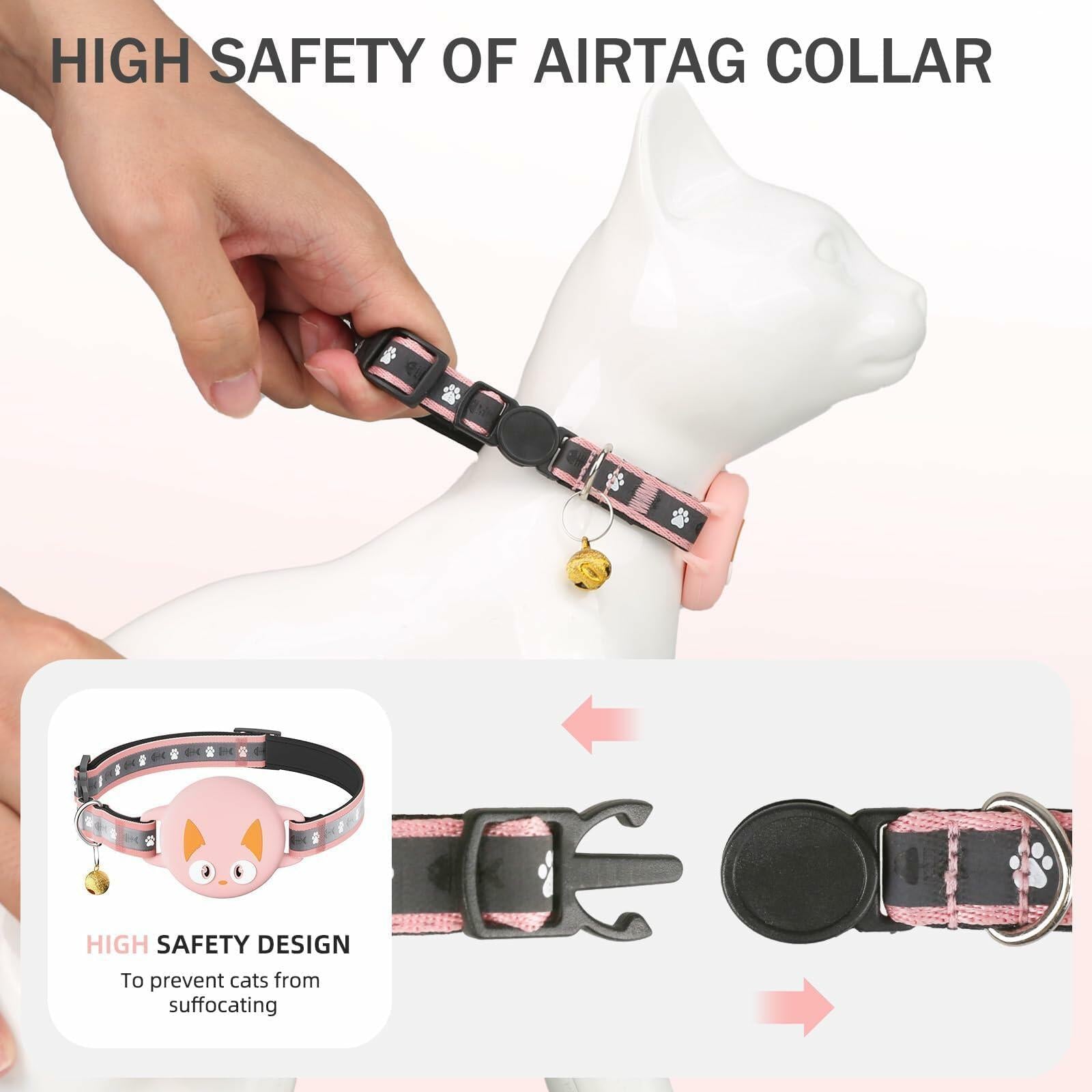 Odokele AirTag Cat Collar Breakaway Reflective with Bell Pink 9-13 in