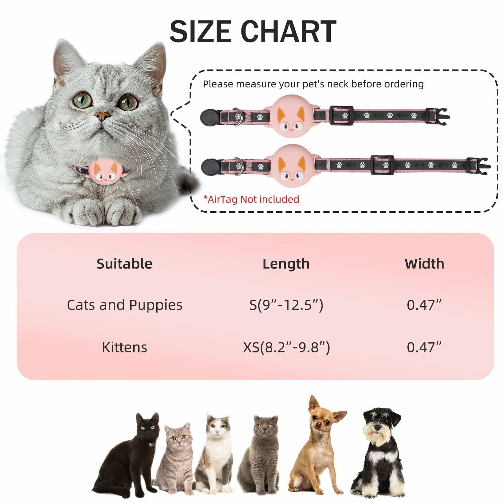Odokele AirTag Cat Collar Breakaway Reflective with Bell Pink 9-13 in